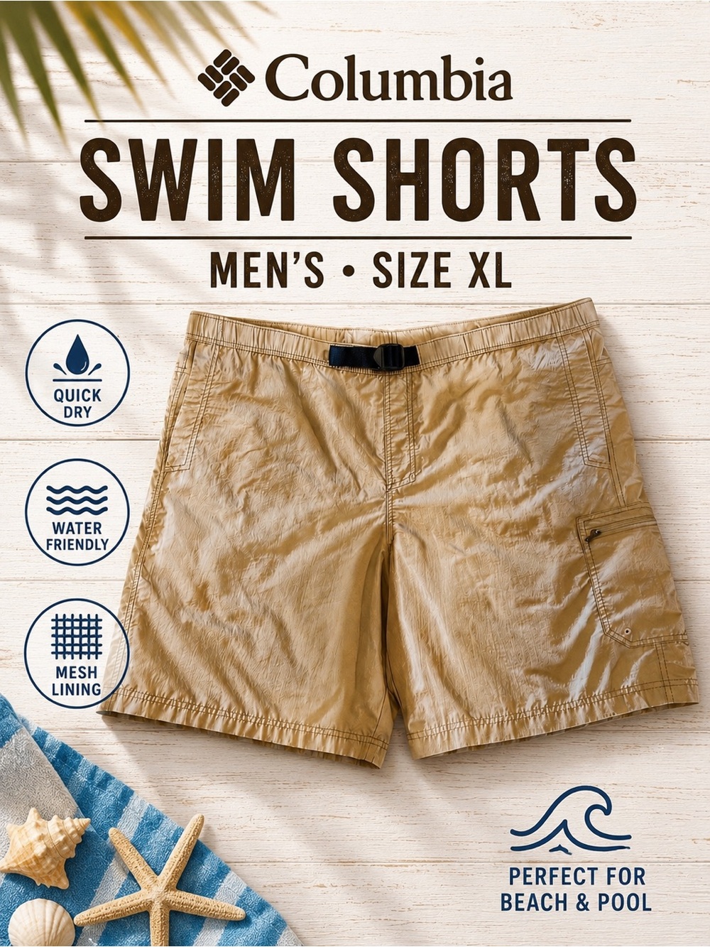 Columbia Men’s Khaki Quick-Dry Swim Shorts | Mesh Lined | Size XL
